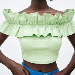 Zara green off the shoulder ruffle cotton crop top Size S whimsical fairy